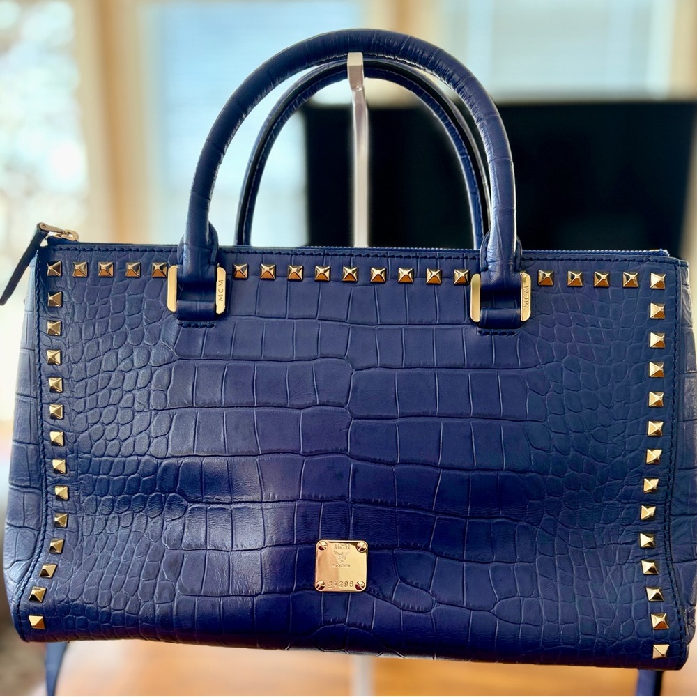 MCM Navy Crocodile Embossed Satchel with Gold Studs